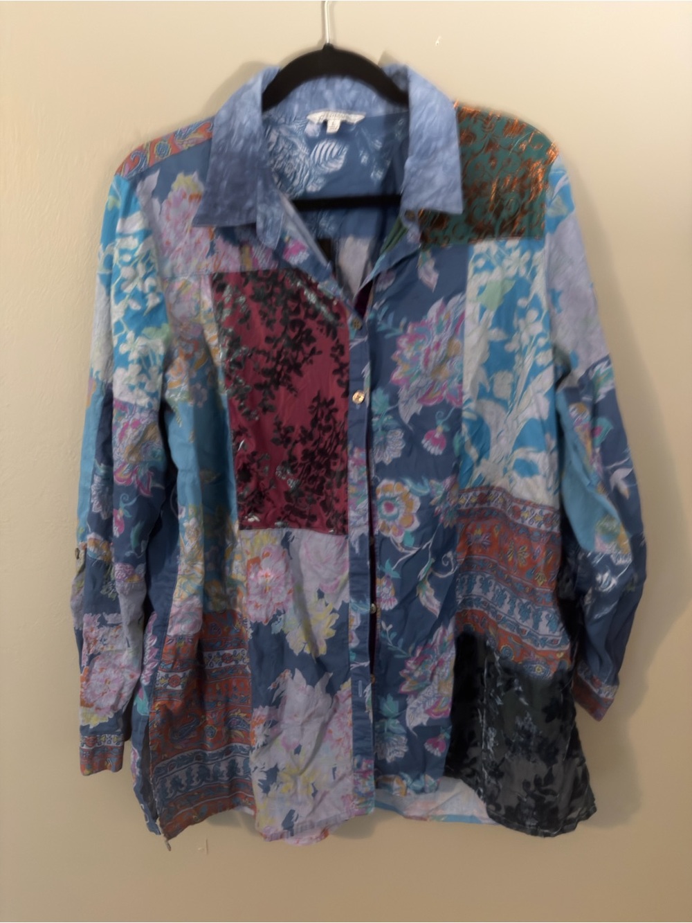 John Mark Patchwork Floral Button-Down Shirt in Blue and Maroon